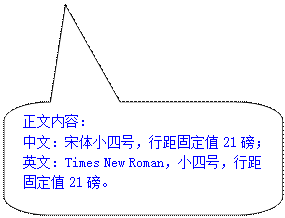 圆角矩形标注: 正文内容:中文:宋体小四号,行距固定值21磅;英文:Times New Roman,小四号,行距固定值21磅。